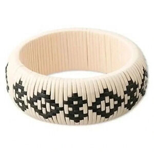 Handcrafted M Tribal Diamond Black Cream Rattan Wicker Bangle Bracelet Medium